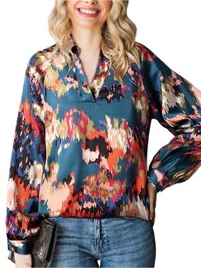 Womens Teal Multicolor Abstract Print V-Neck Blouse
